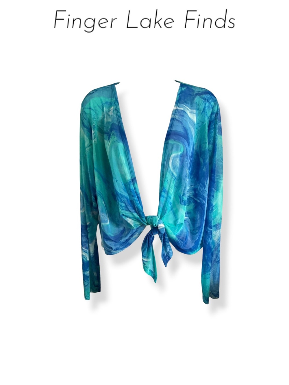 Susan Graver Semi-Sheer Blue/Turquoise Tie-Front Women's Top, L